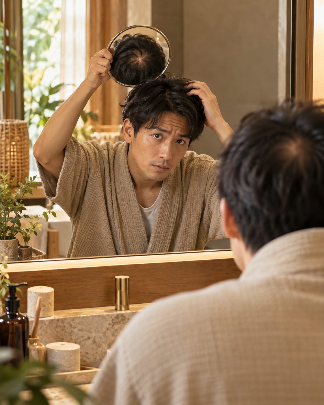 鏡で頭頂部を確認する男性